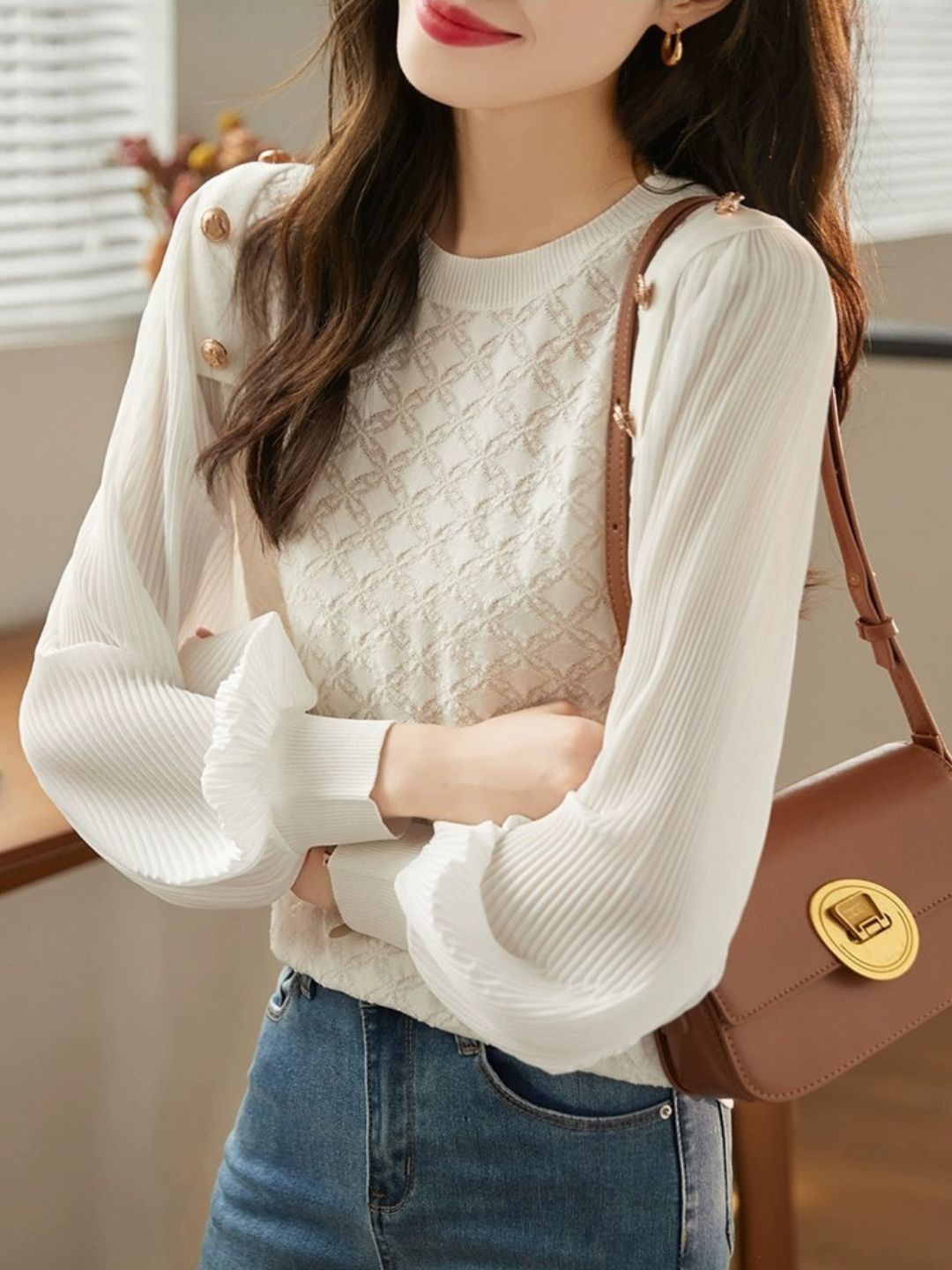 Lace Panel Mesh Long Sleeve T-Shirt -Black