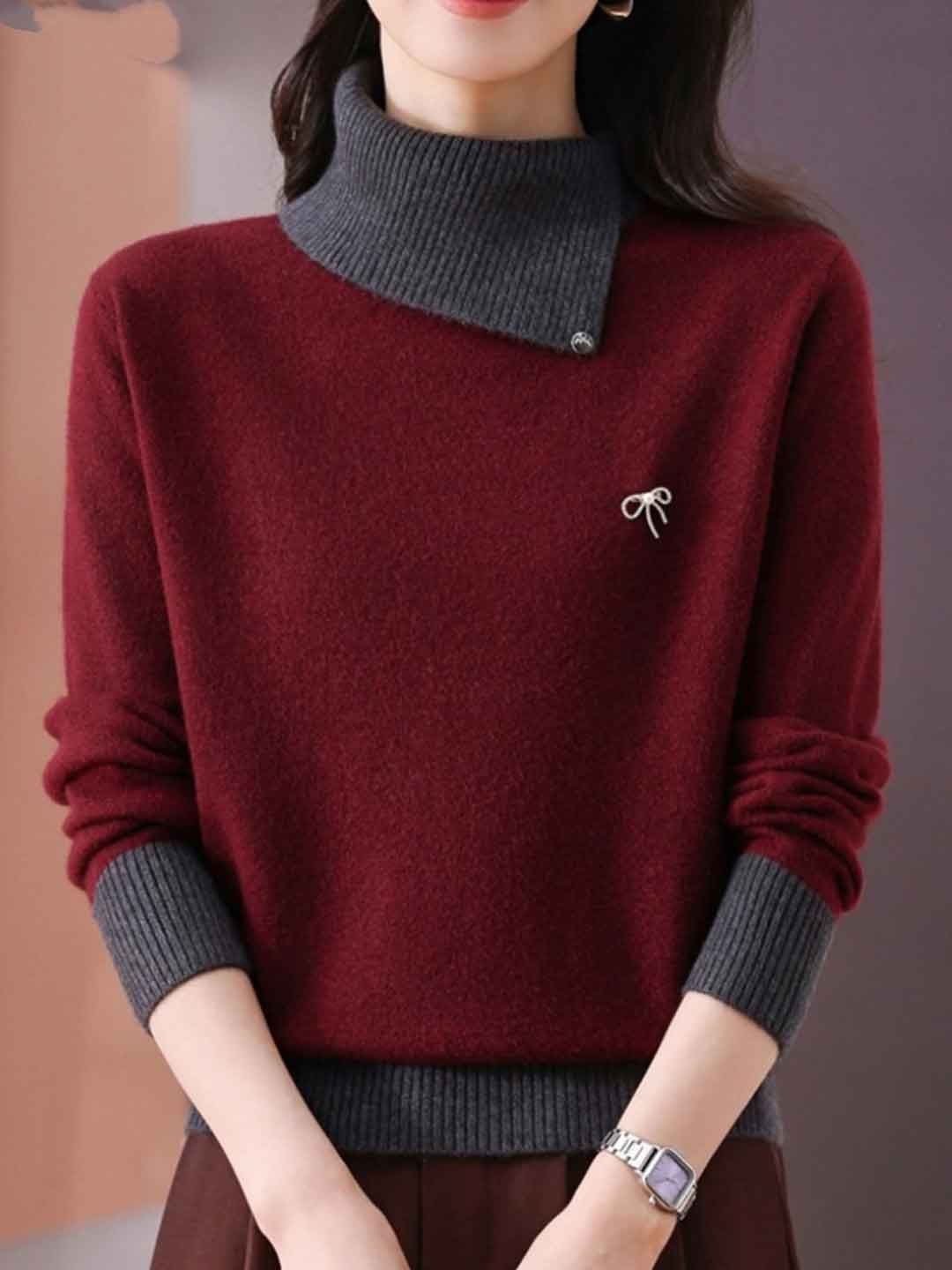 Classic Turtleneck Contrasted Panelled Knitted Sweater