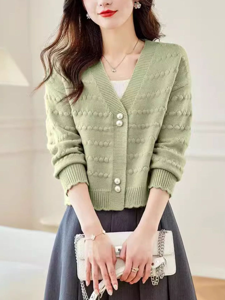 V-Neck Solid Color Auricular Knitted Cardigan - Green