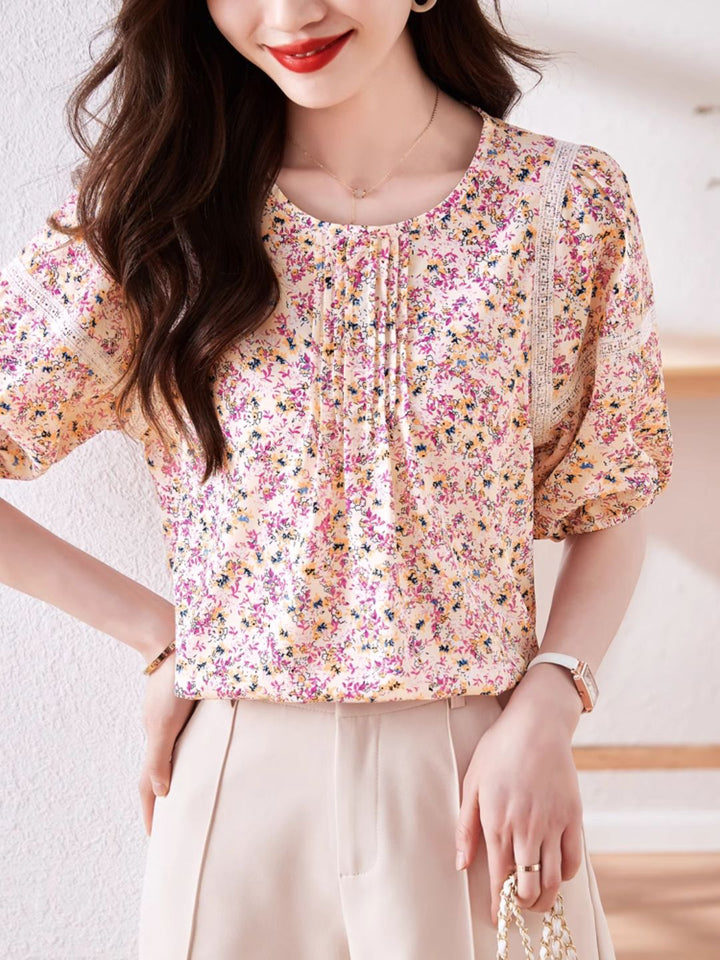 Round Neck Floral Puff Sleeve Chiffon Shirt - Green