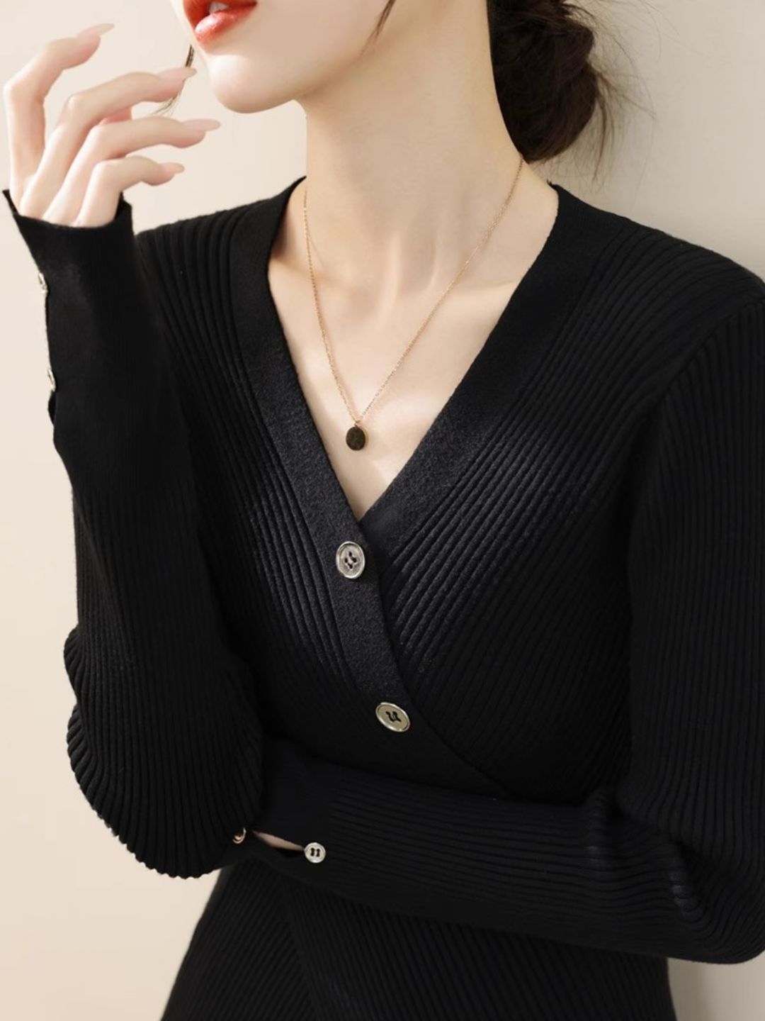 V-neck Cross Button Slit Sweater