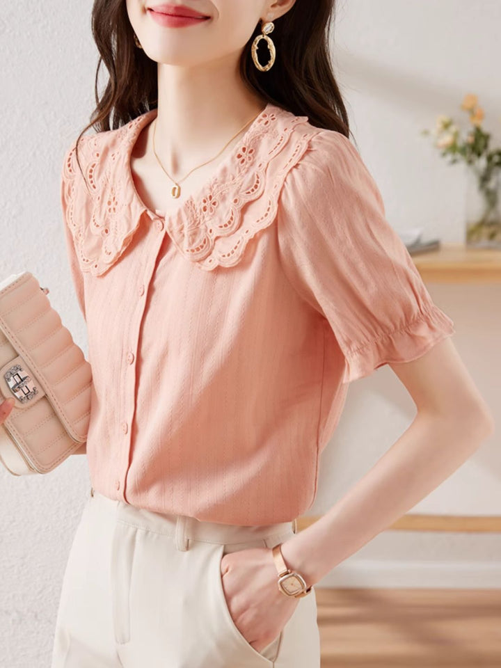 French Lace Double Collar Puff Sleeve Shirt - Pink