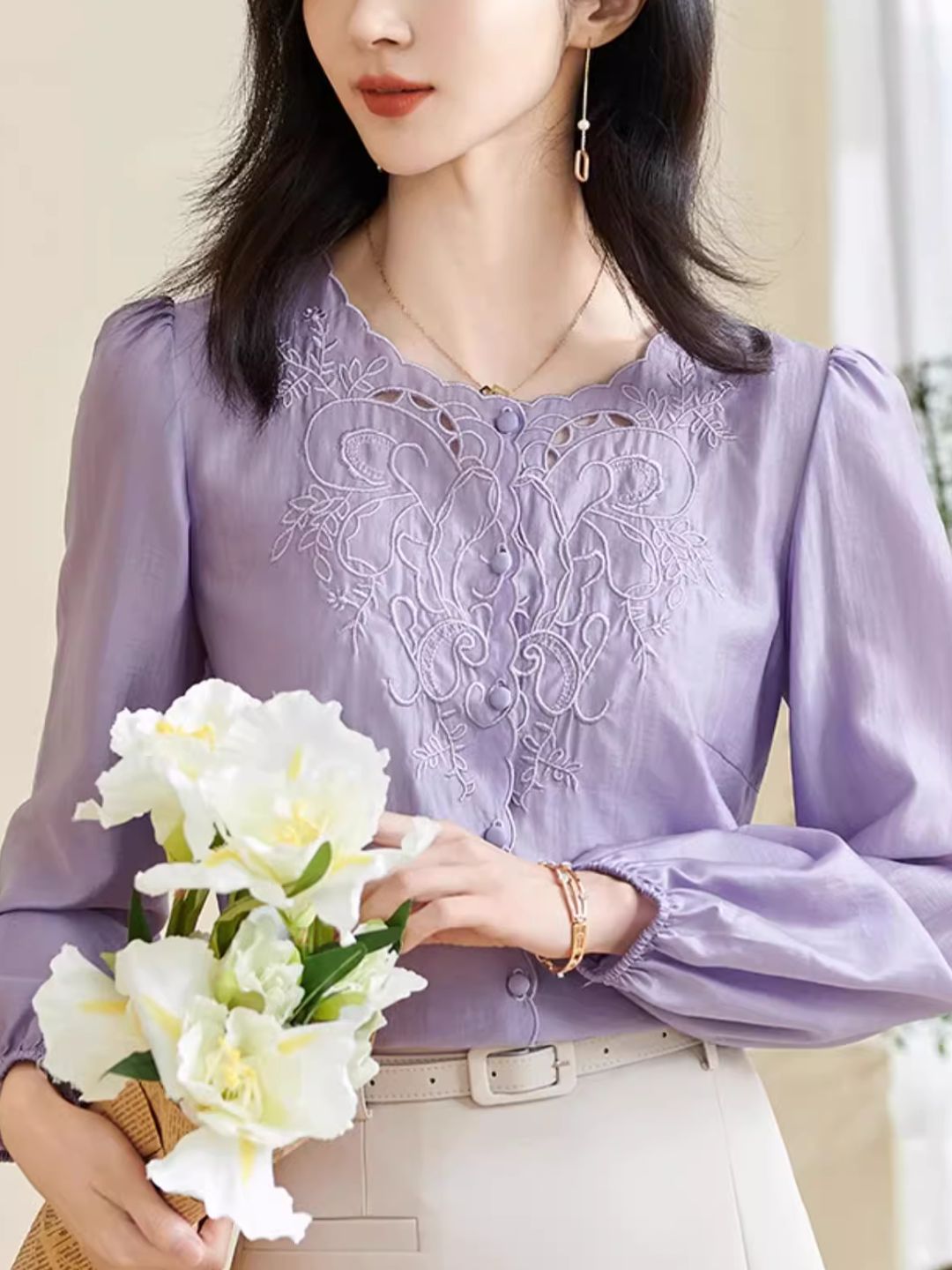 Embroidered Long-sleeved Shirt -Purple