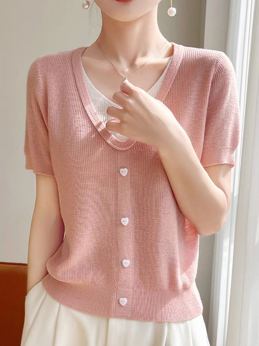 Casual V-neck Patchwork Knitted Top