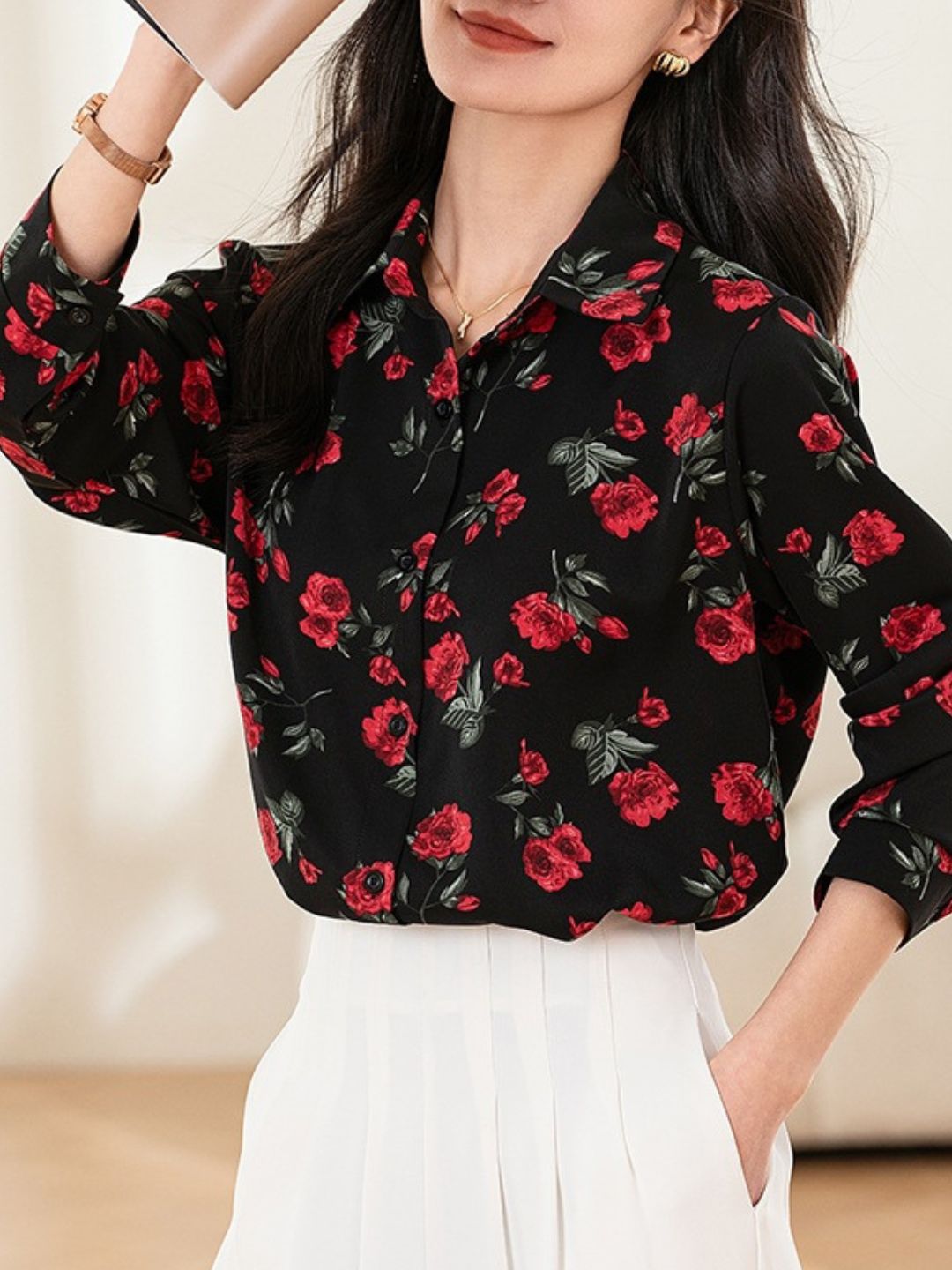 Loose-Fitting Lapel Printed Contrast Shirt