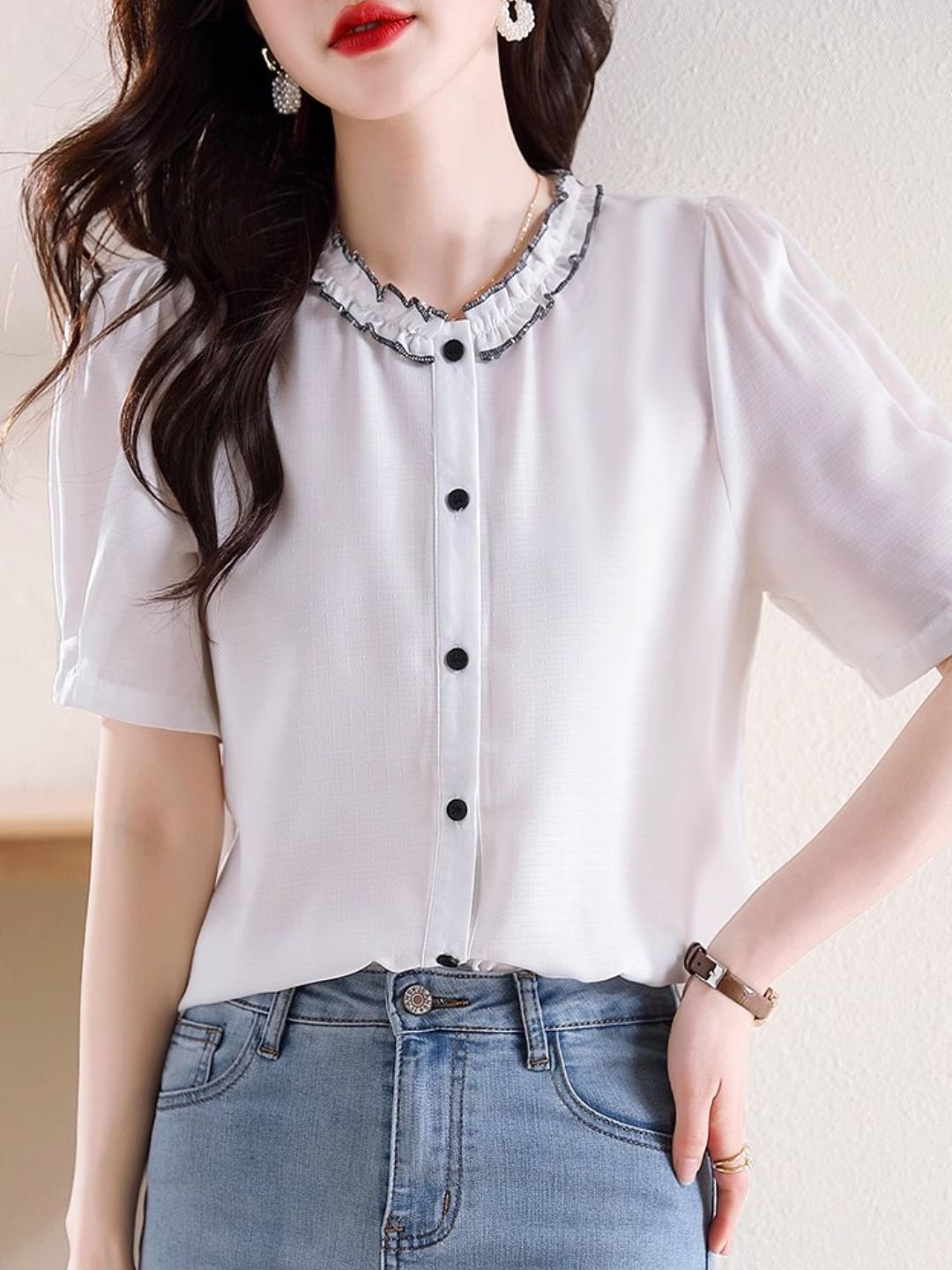 Versatile Chiffon Short-sleeved Shirt - Black
