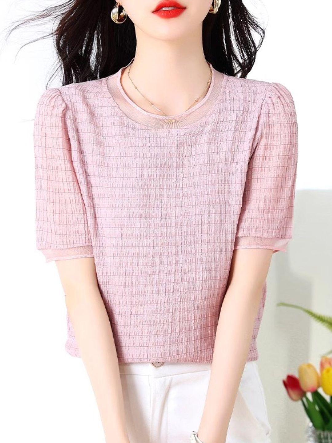 Round Neck Plaid Chiffon Shirt - Pink