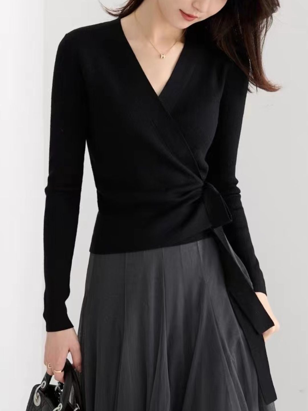 Crossover V-neck Tie Sweater