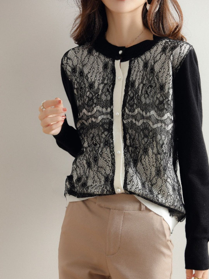 Crew Neck Lace Knit Sweater - Black