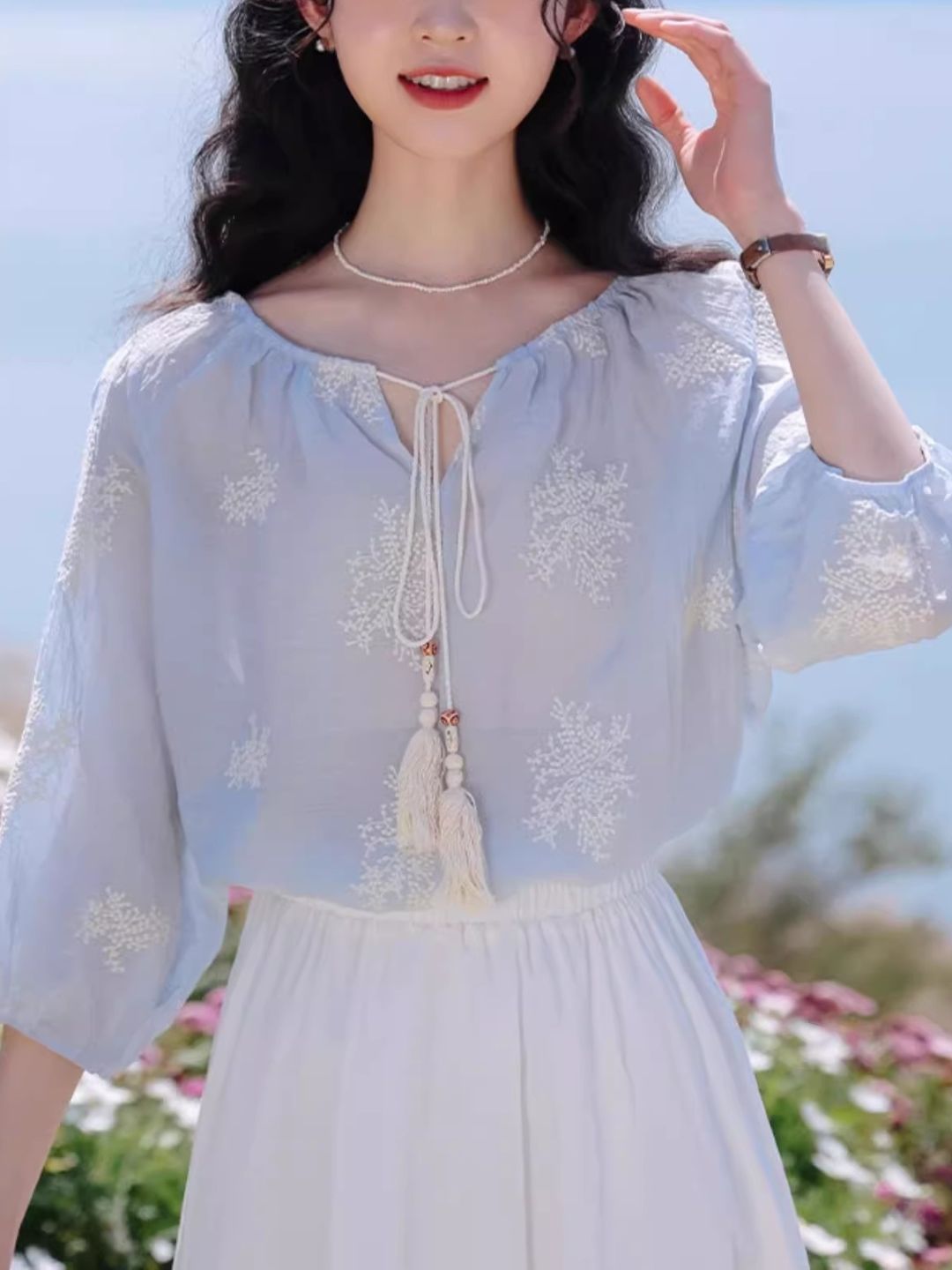 Embroidered Tassel Tie Top