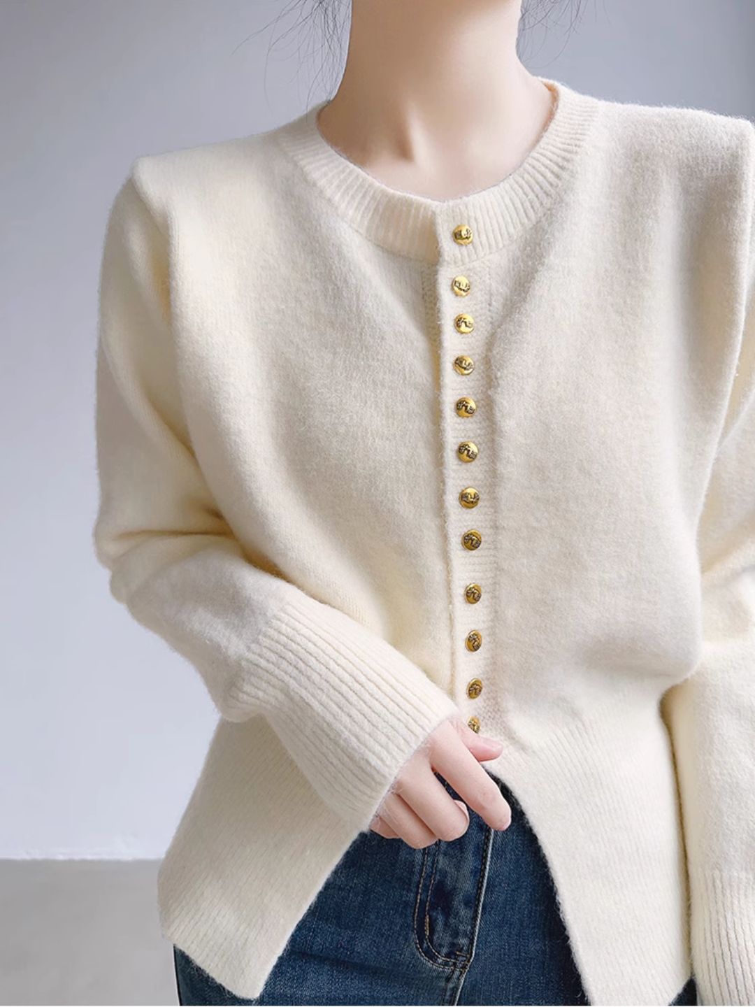 Crew Neck Solid Color Button Knitted Top