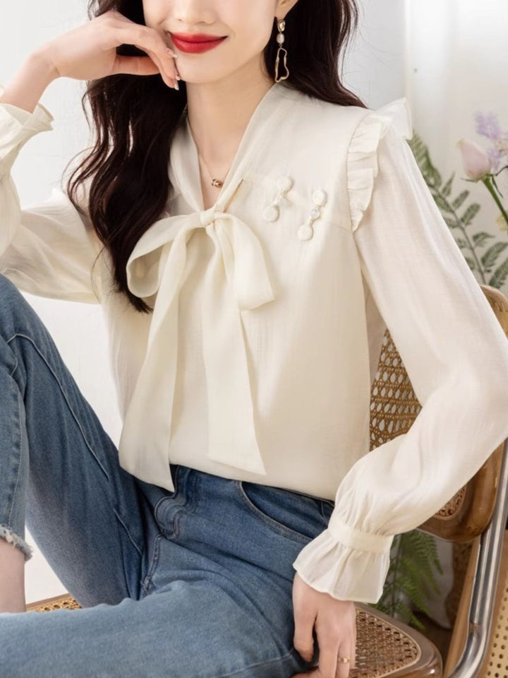 Chic Bow Chiffon Shirt - Green