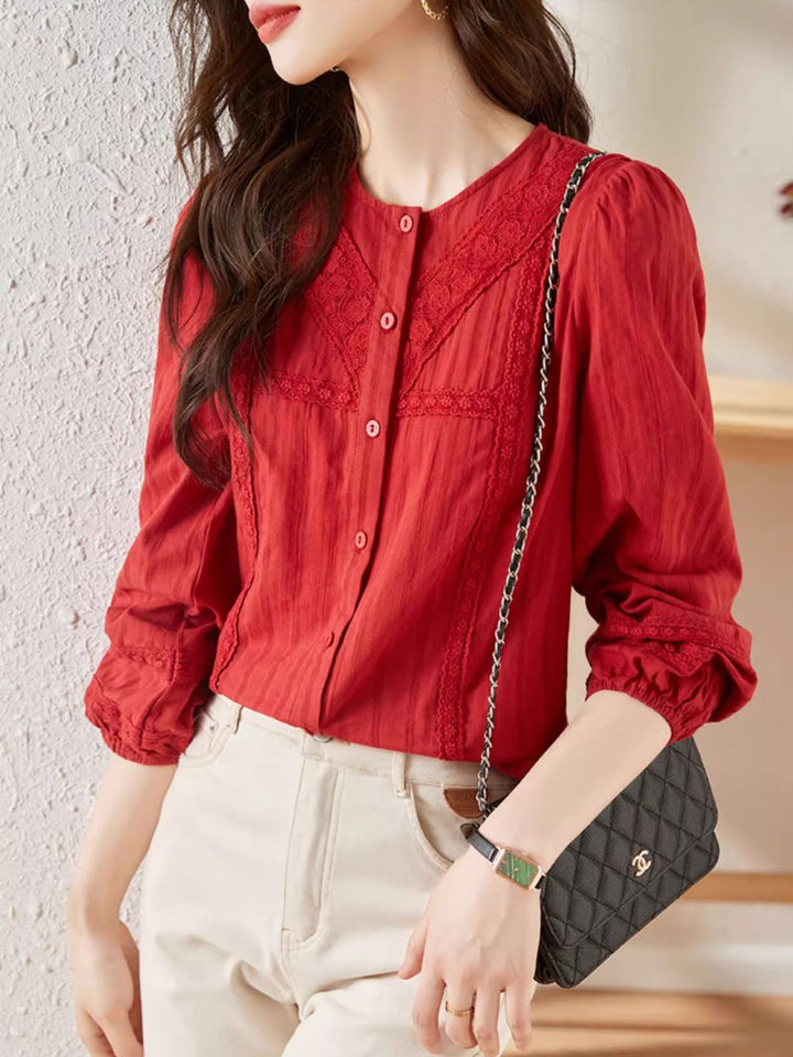 Versatile Lace Long Sleeve Shirt - Red