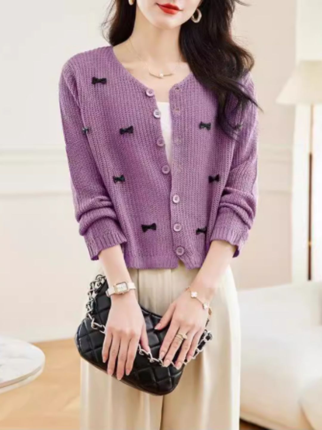 Classic Crew Neck Bow Knitted Top - Purple