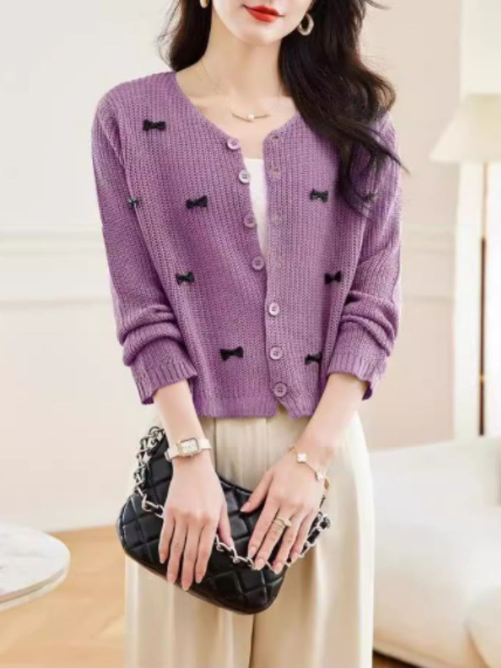 Classic Crew Neck Bow Knitted Top - Purple