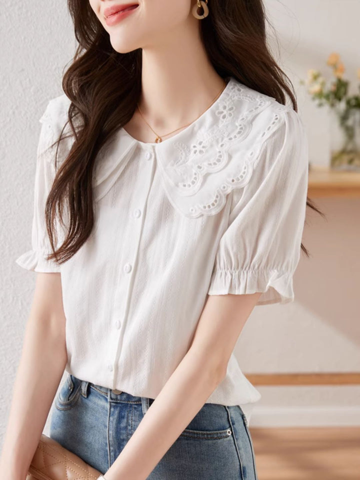 French Lace Double Collar Puff Sleeve Shirt