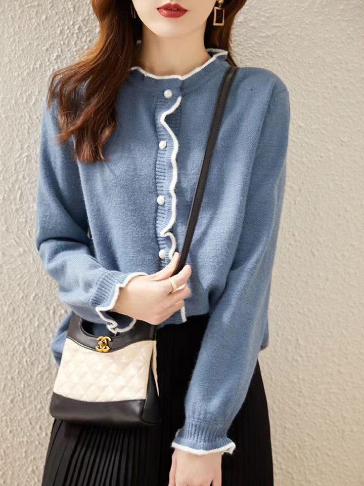 Elegant Solid Color Knitted Cardigan - Blue