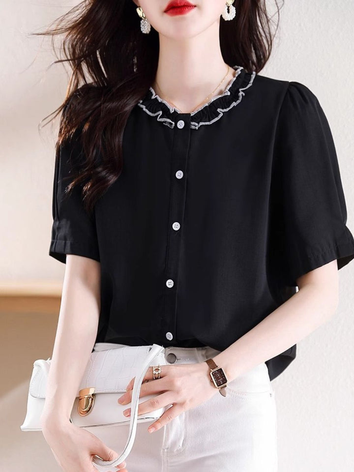 Versatile Chiffon Short-sleeved Shirt - Black