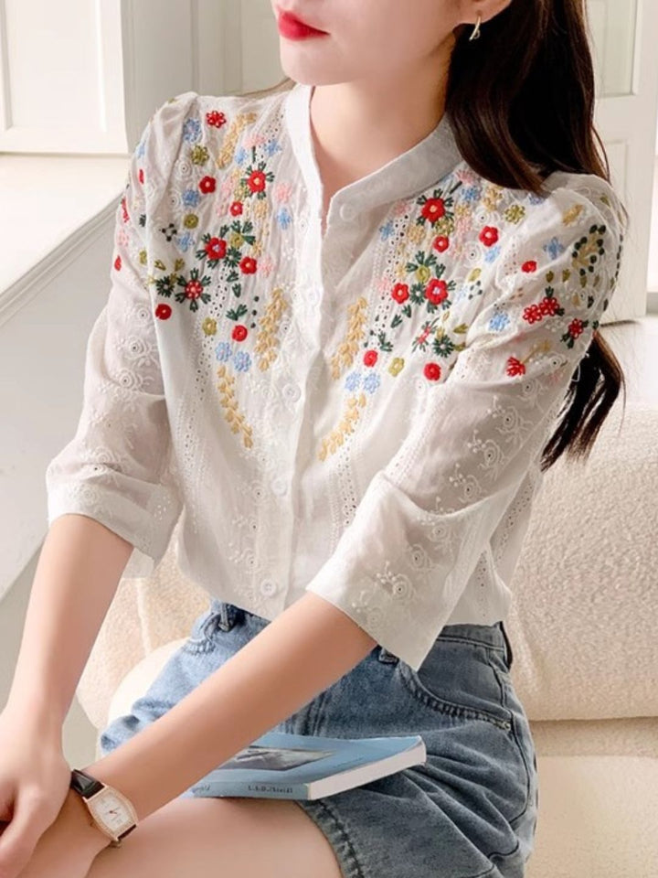 Embroidered Jacquard Stand Collar Shirt - Yellow