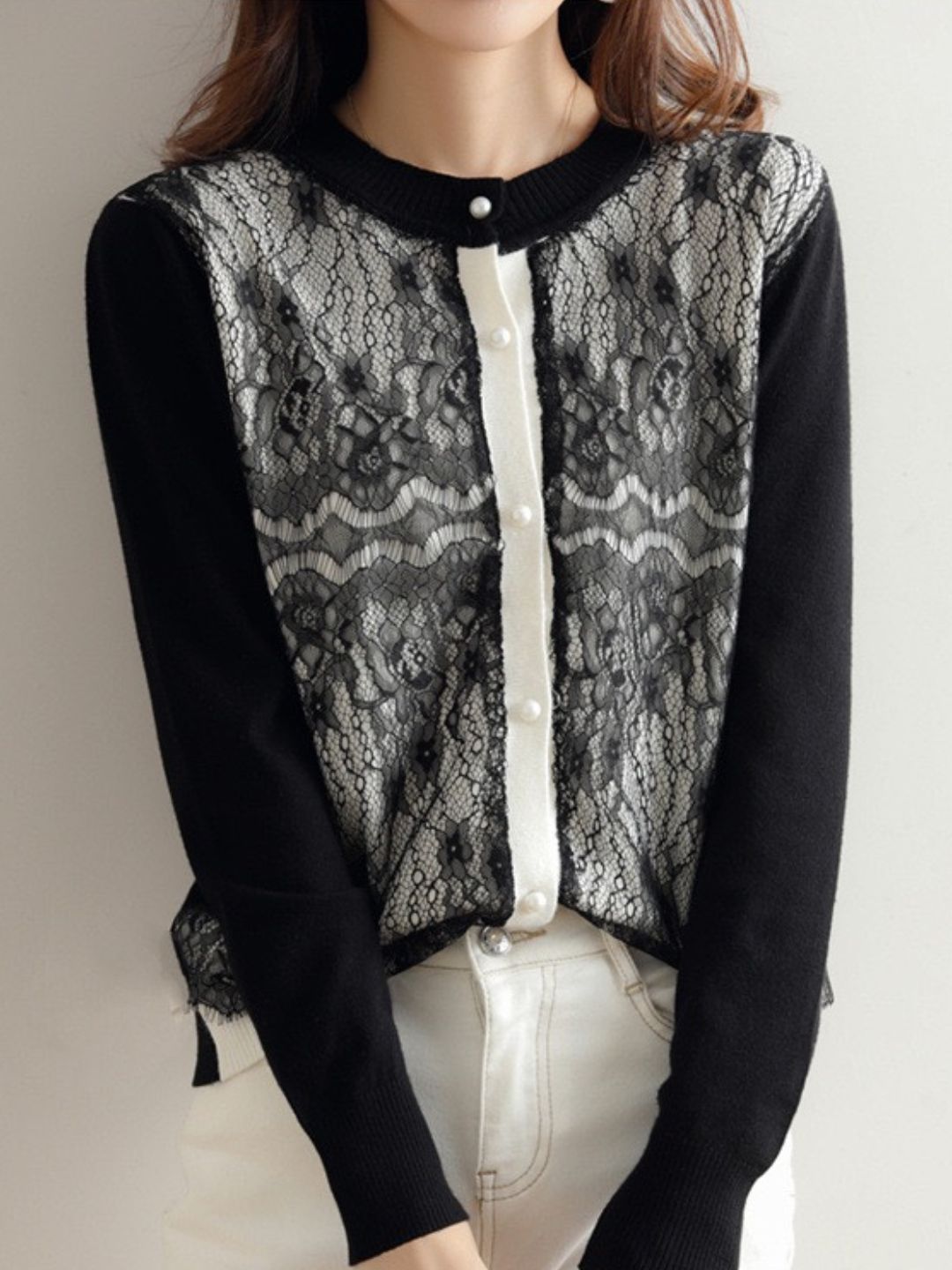 Crew Neck Lace Knit Sweater - Black