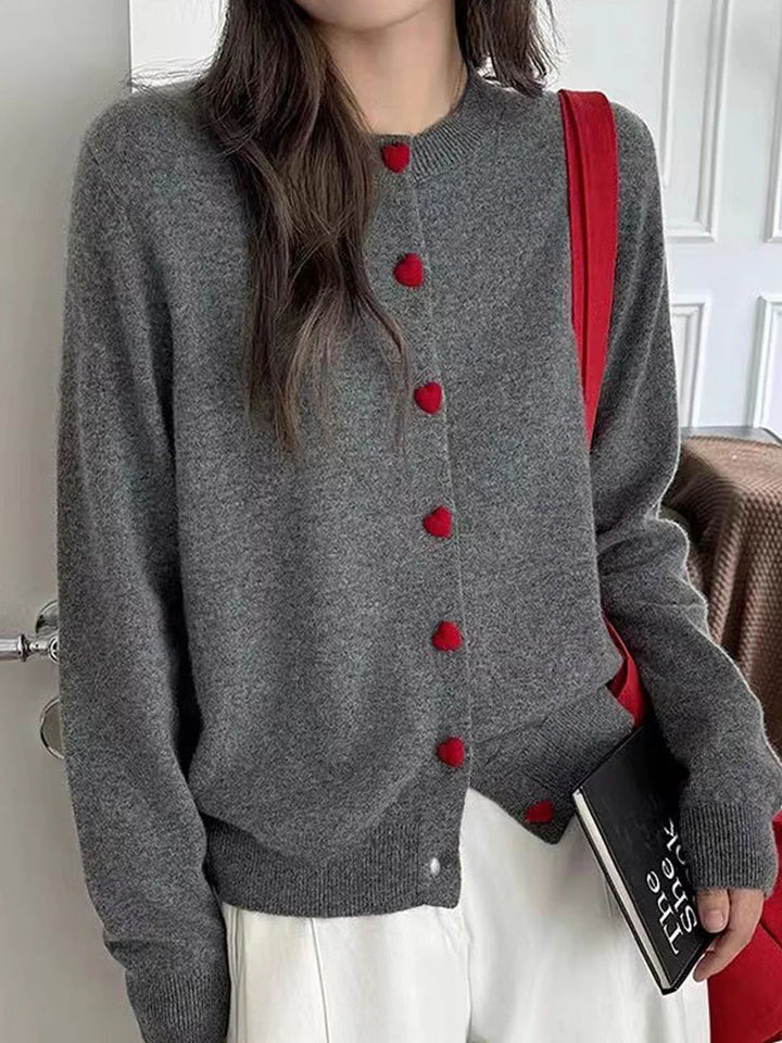 Elegant Crew Neck Heart Button Knitted Cardigan