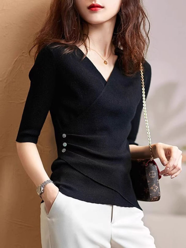 Casual V-Neck Solid Color Knitted Top - Green