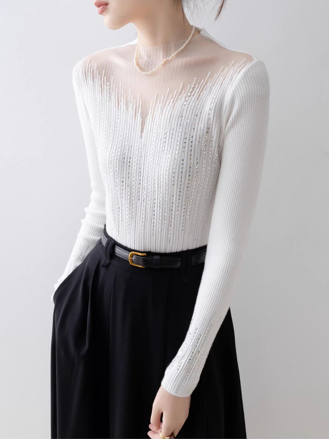 White Half Turtleneck Mesh Top