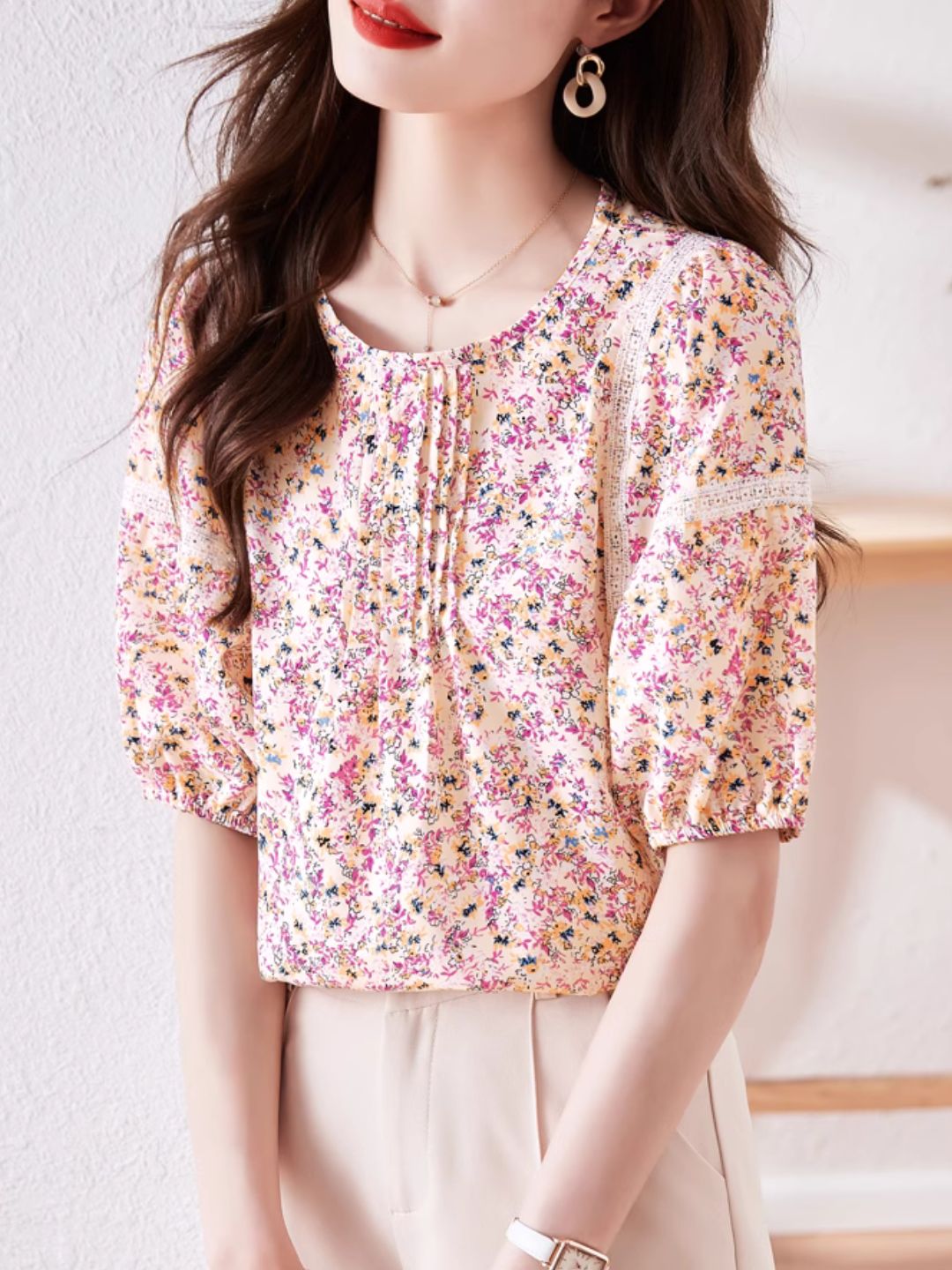 Round Neck Floral Puff Sleeve Chiffon Shirt - Green