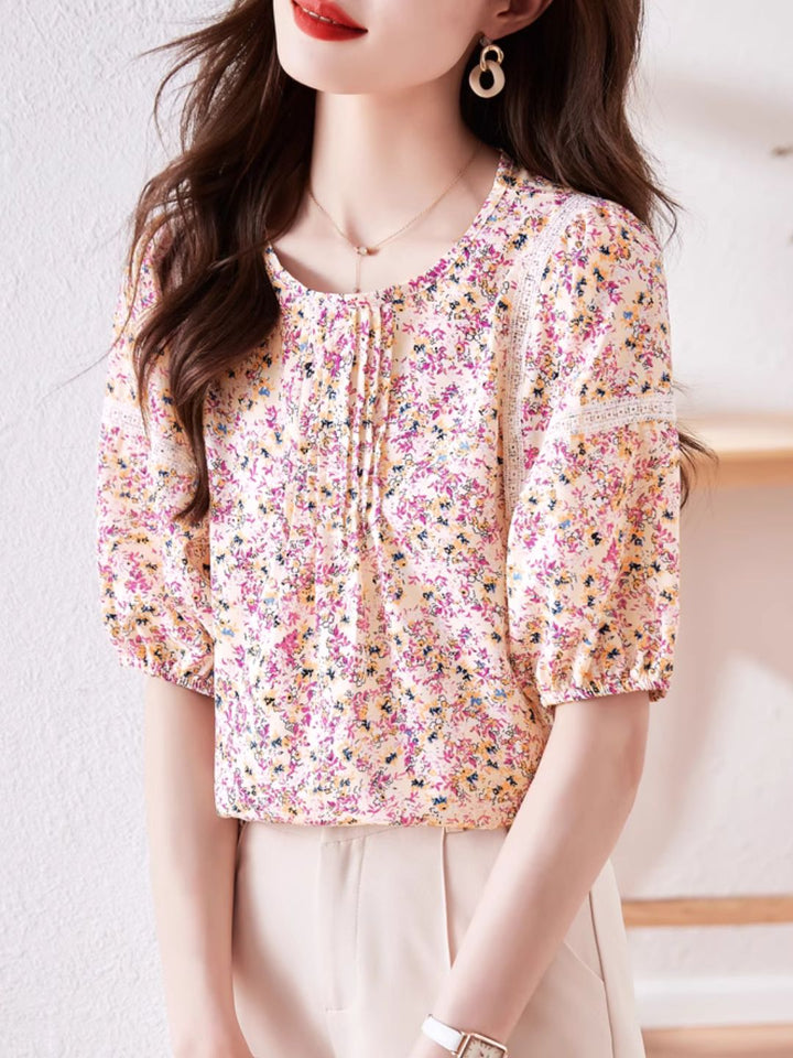 Round Neck Floral Puff Sleeve Chiffon Shirt - Green