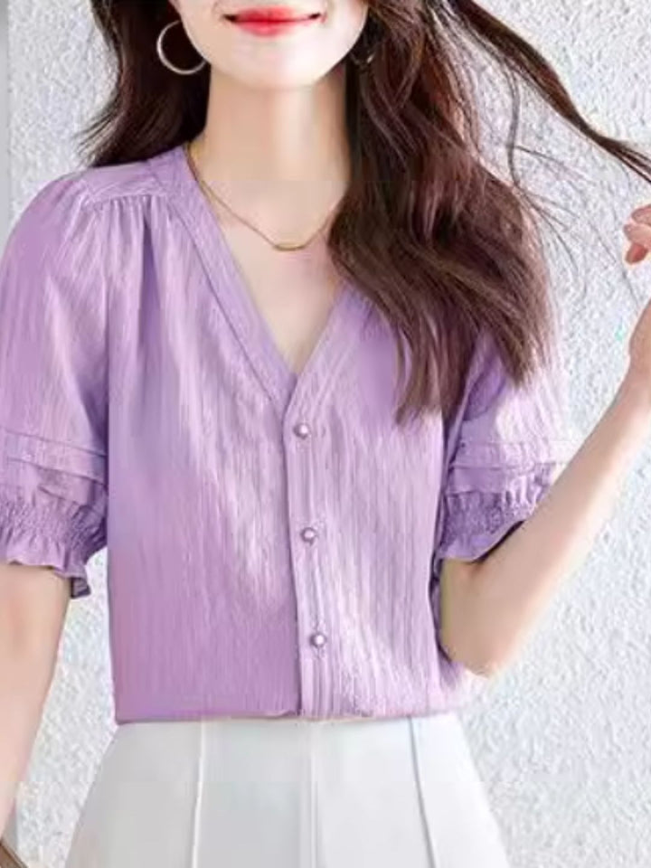 French V-neck Puff Sleeve Shirt - Purple
