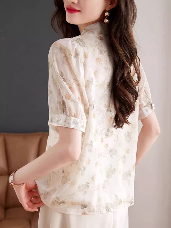 Bow Tie Floral Chiffon Shirt