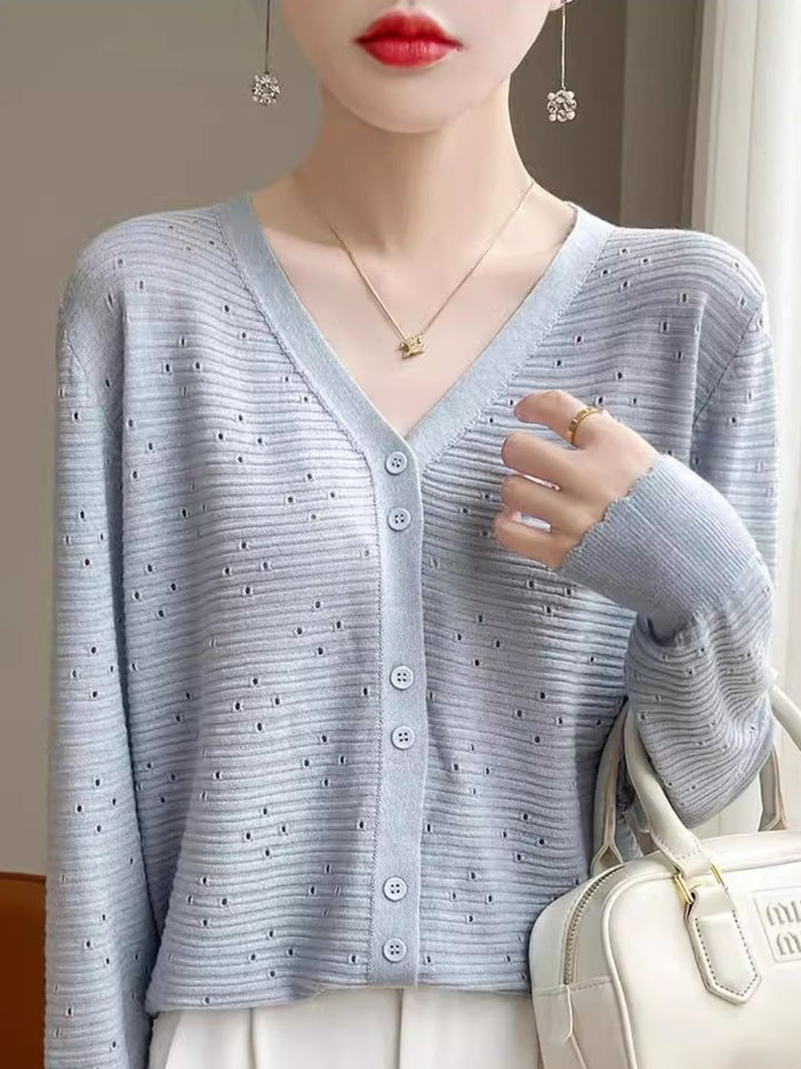 Long Sleeve V-Neck Top Hollow Knit Cardigan