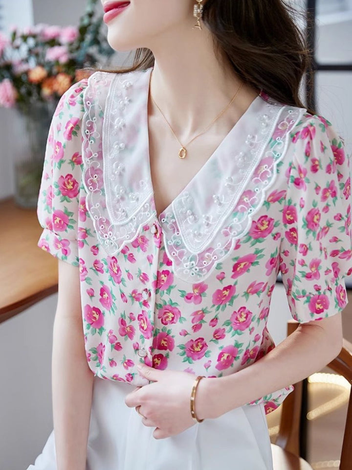 Classic Floral Printed Beaded Chiffon Shirt -Pink