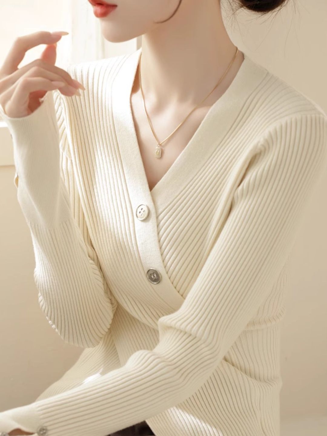 V-neck Cross Button Slit Sweater