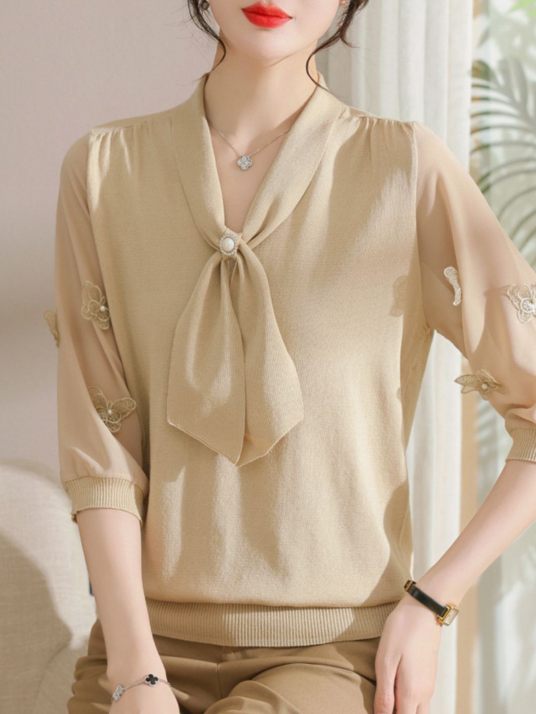 Ribbon Scarf Collar Gauze Sleeve Knitted Top