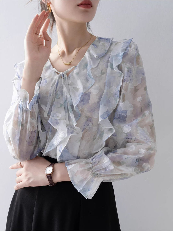 Elegant V-Neck Printed Chiffon Top