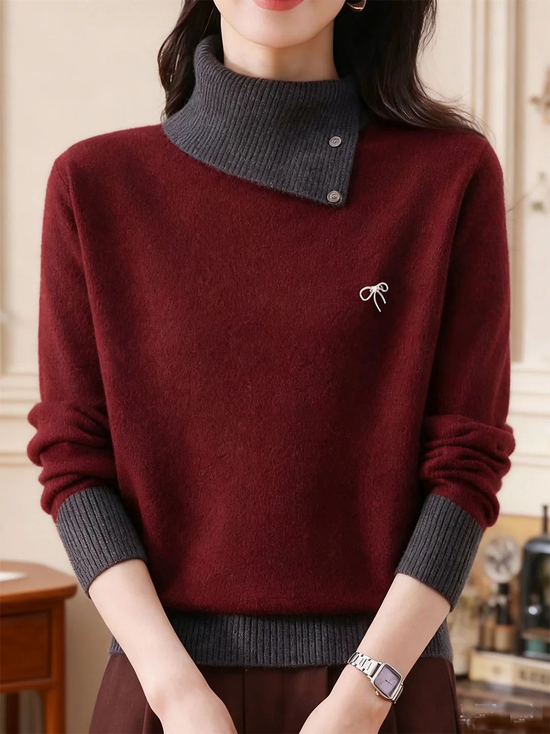 Classic Turtleneck Contrasted Panelled Knitted Sweater