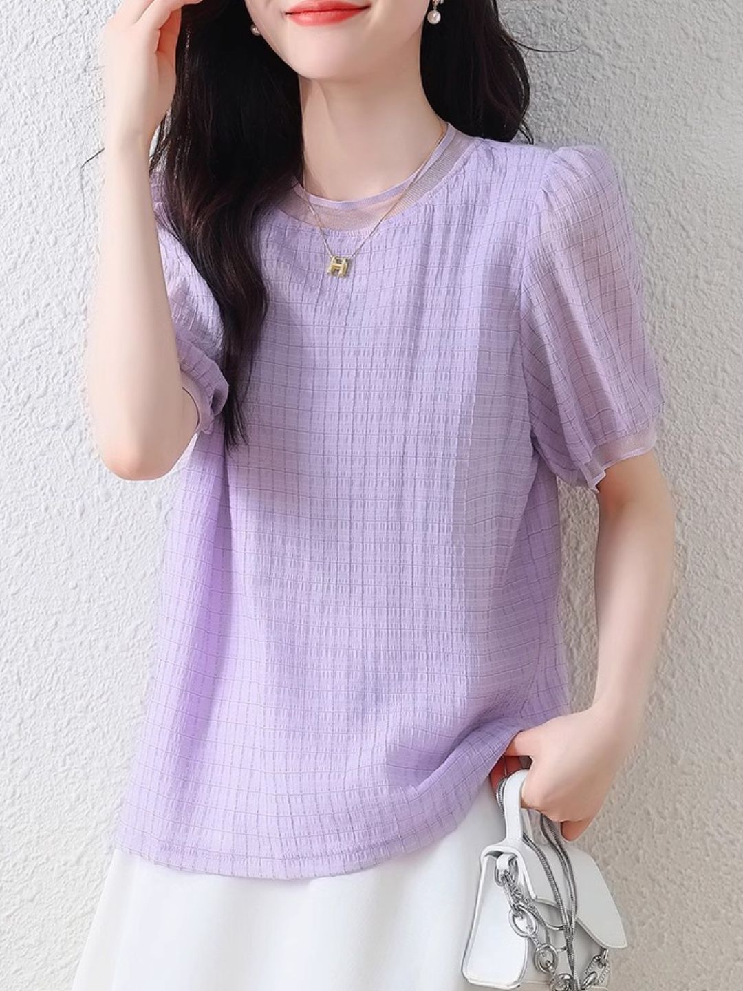 Round Neck Plaid Chiffon Shirt - Pink