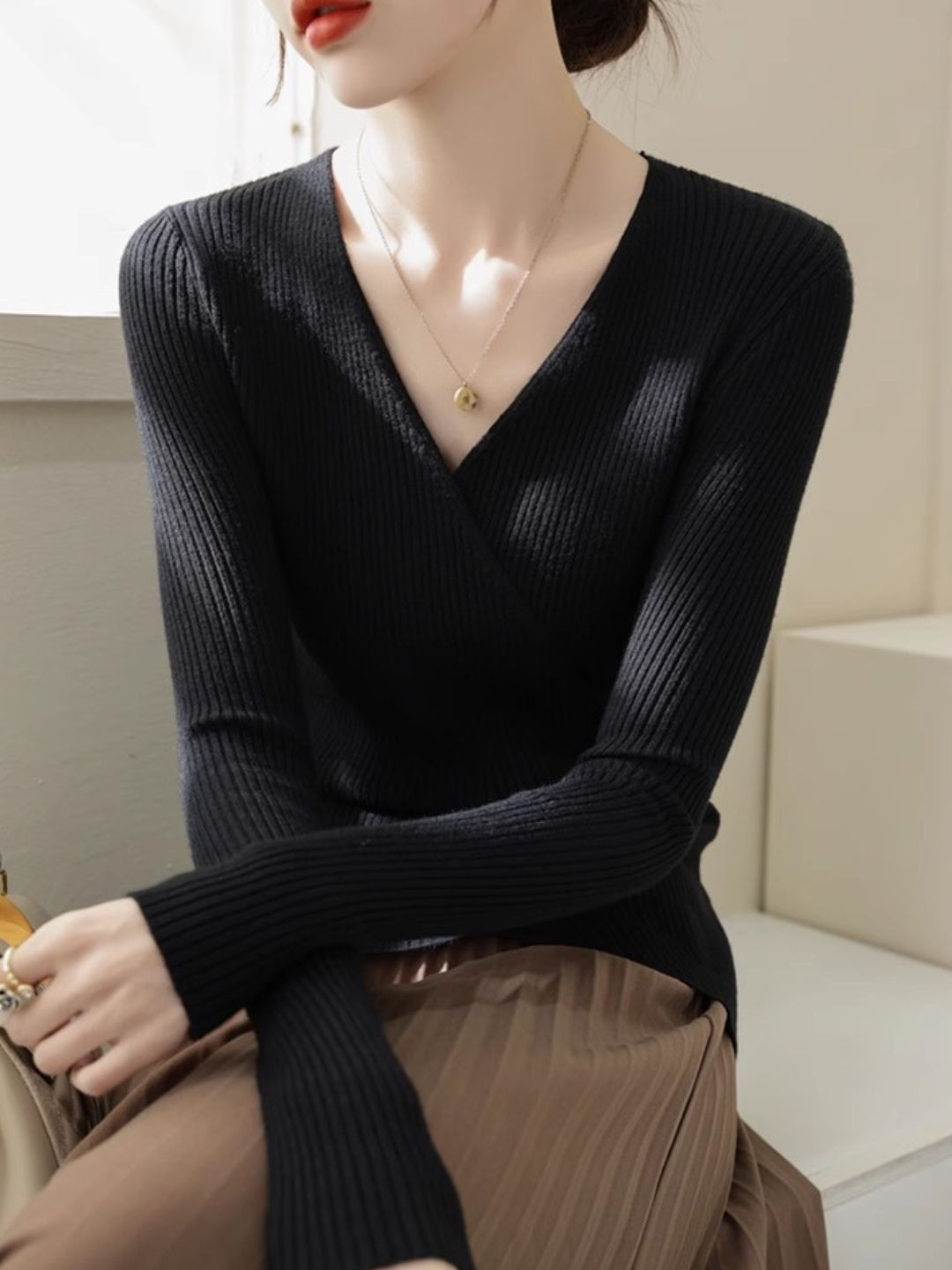 Classic V-Neck Solid Color Knitted Sweater