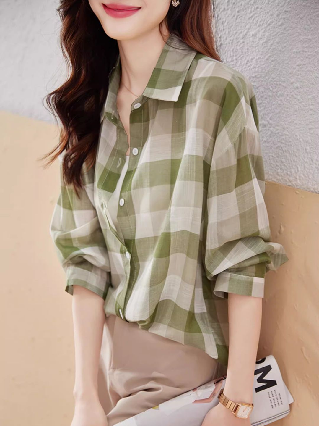 Plaid Chiffon Long Sleeve Shirt