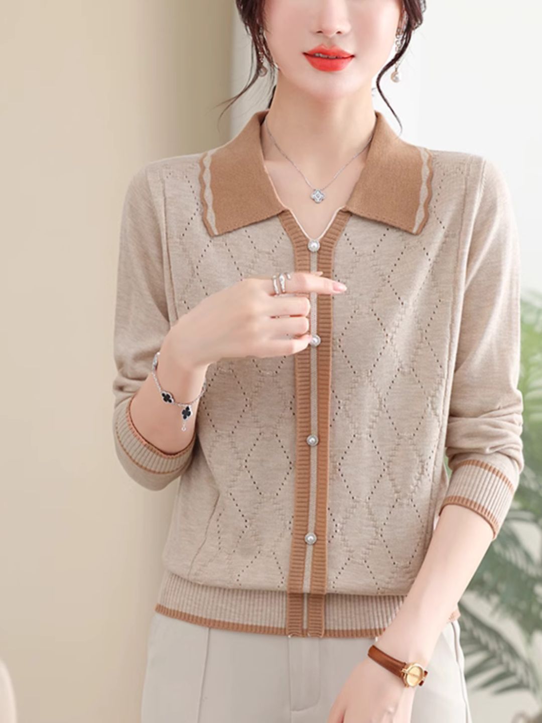 Classic Lapel Knitted Sweater - Green