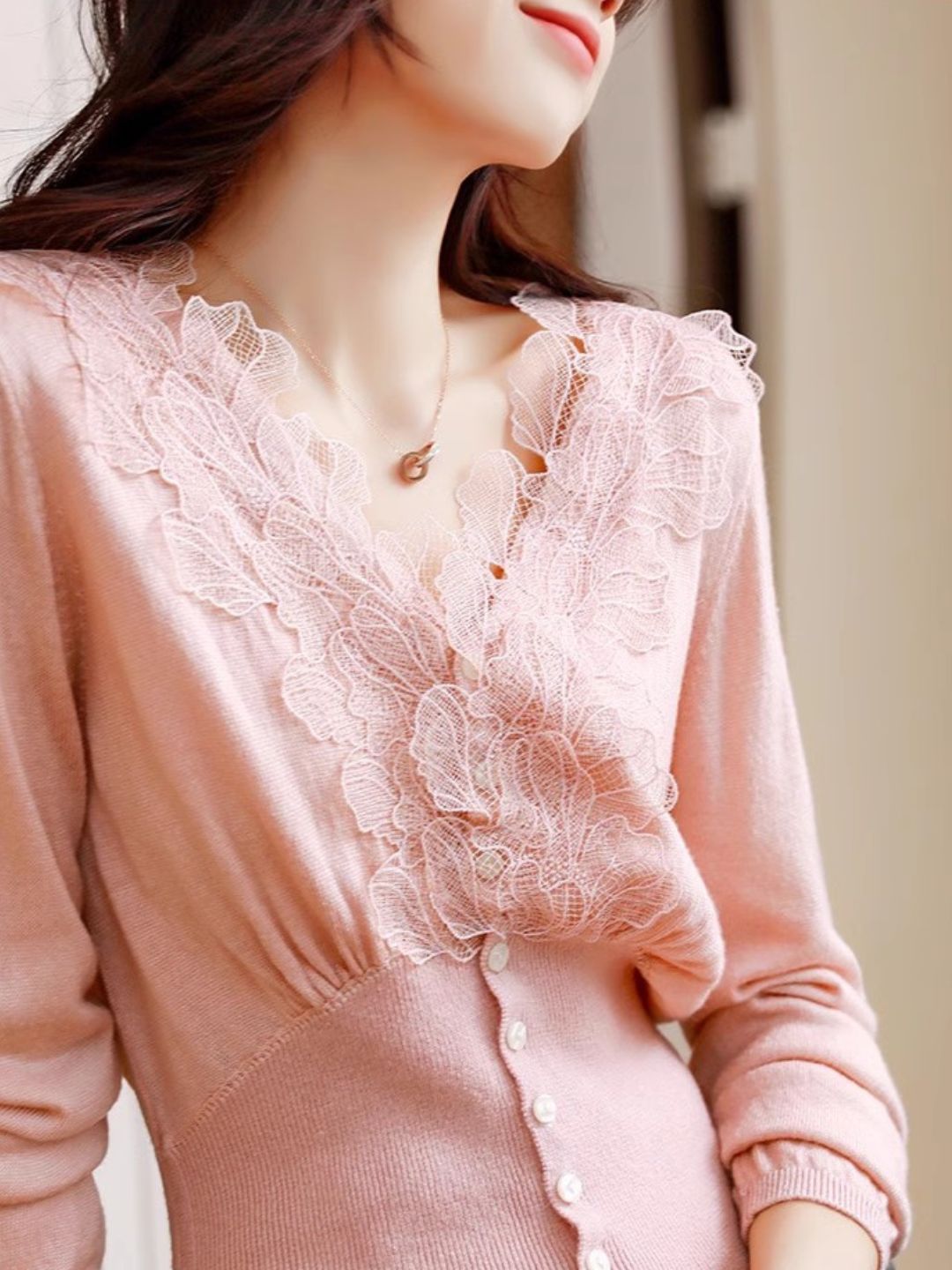 Elegant V-neck Lace Knitted Cardigan - Pink