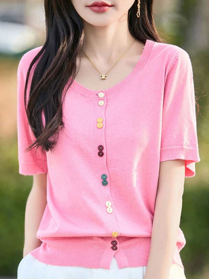 Colorful Button-Down Knitted Short-Sleeved Top