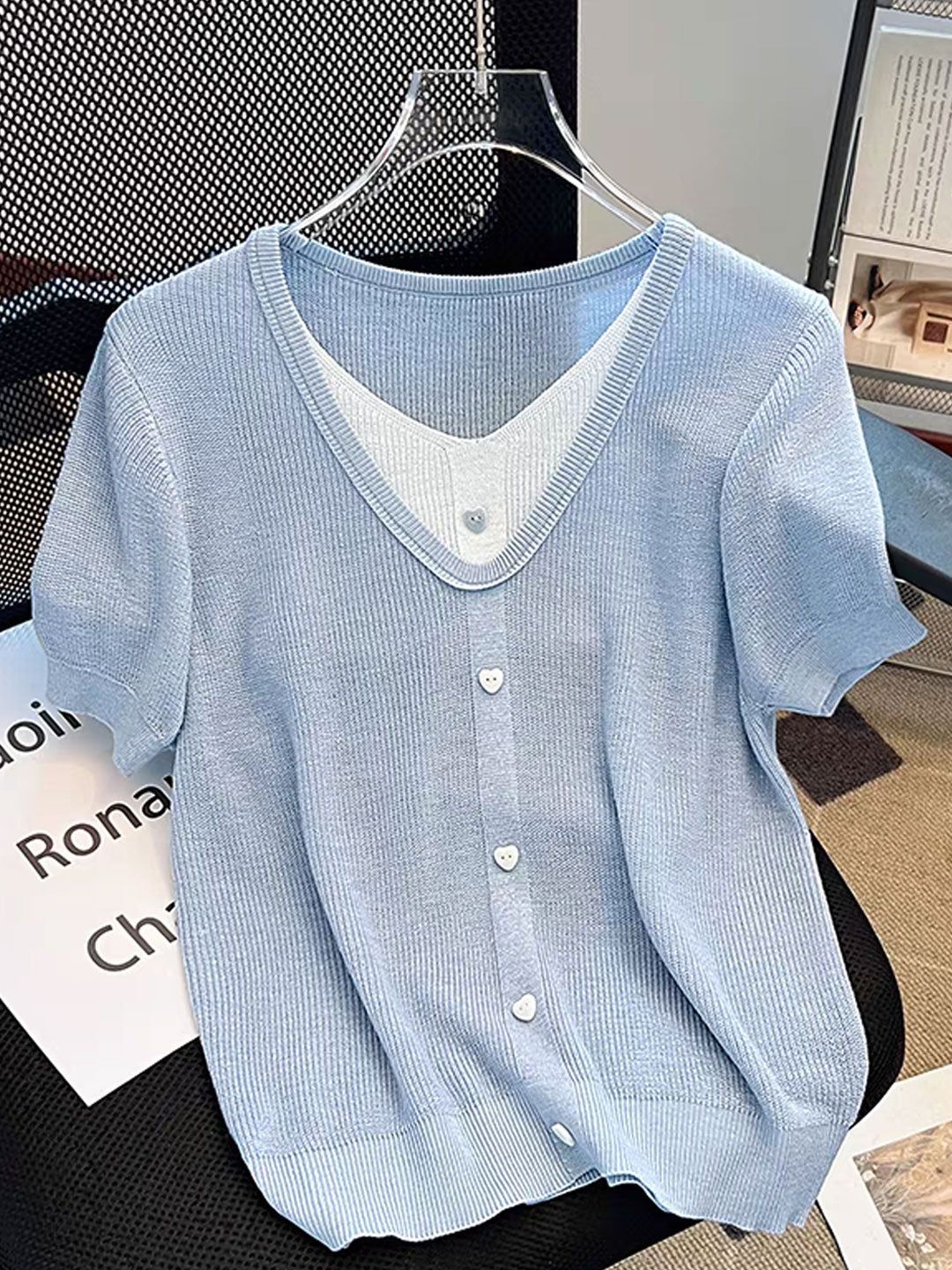 Casual V-neck Patchwork Knitted Top