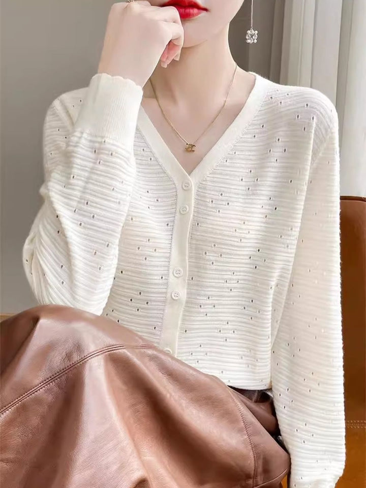 Long Sleeve V-Neck Top Hollow Knit Cardigan