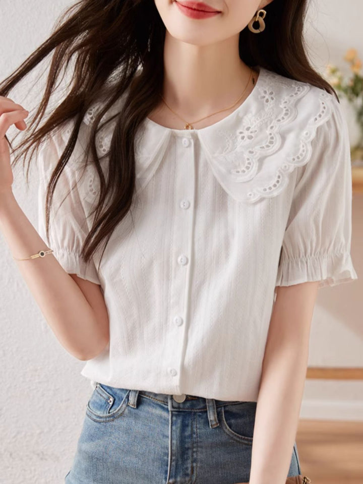 French Lace Double Collar Puff Sleeve Shirt - Pink