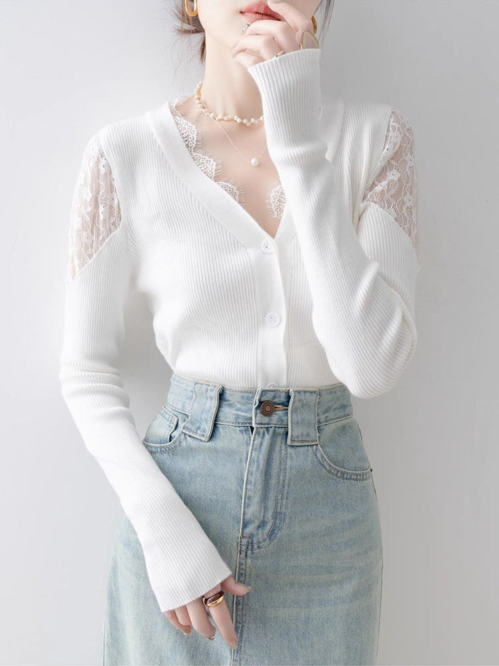 Slim Off-shoulder Lace Knitted Top
