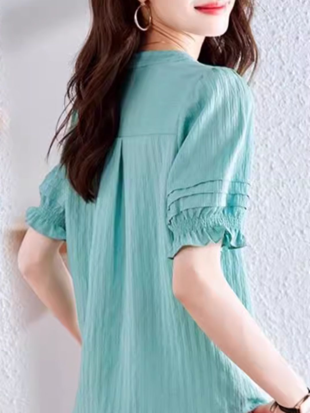 French V-neck Puff Sleeve Shirt - Purple