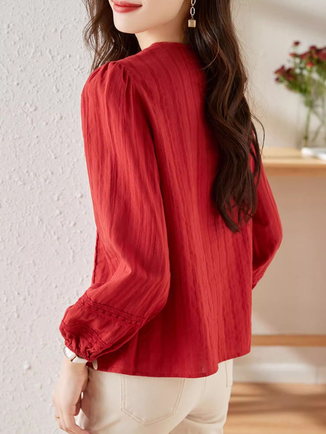 Versatile Lace Long Sleeve Shirt - Red