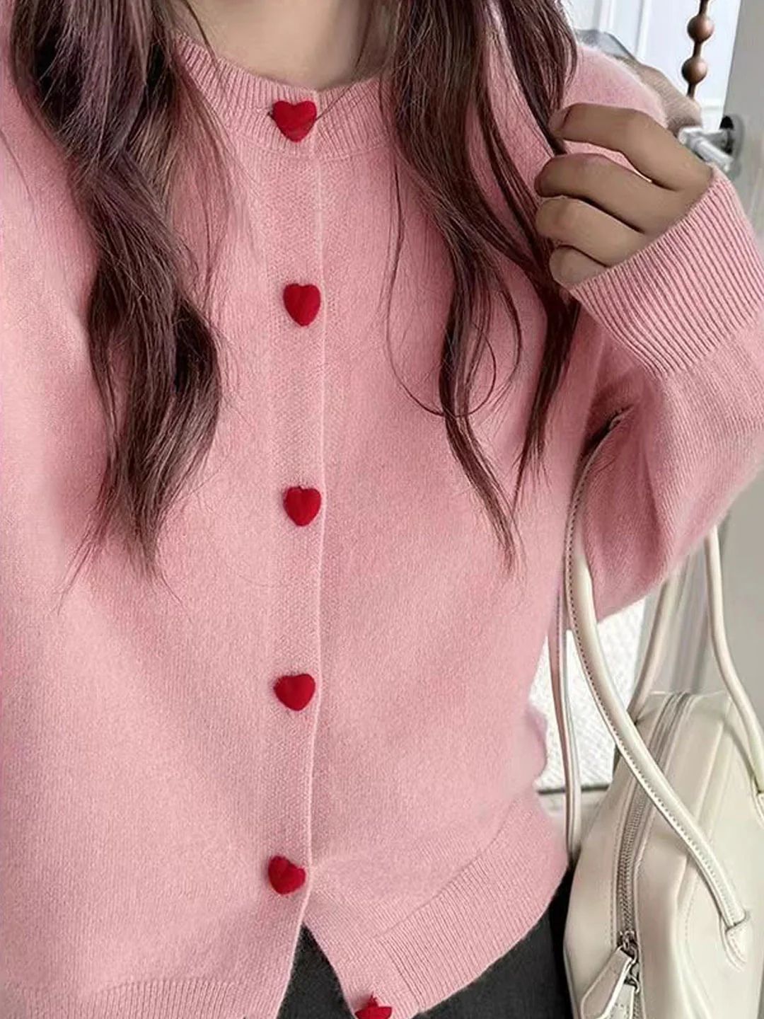 Elegant Crew Neck Heart Button Knitted Cardigan